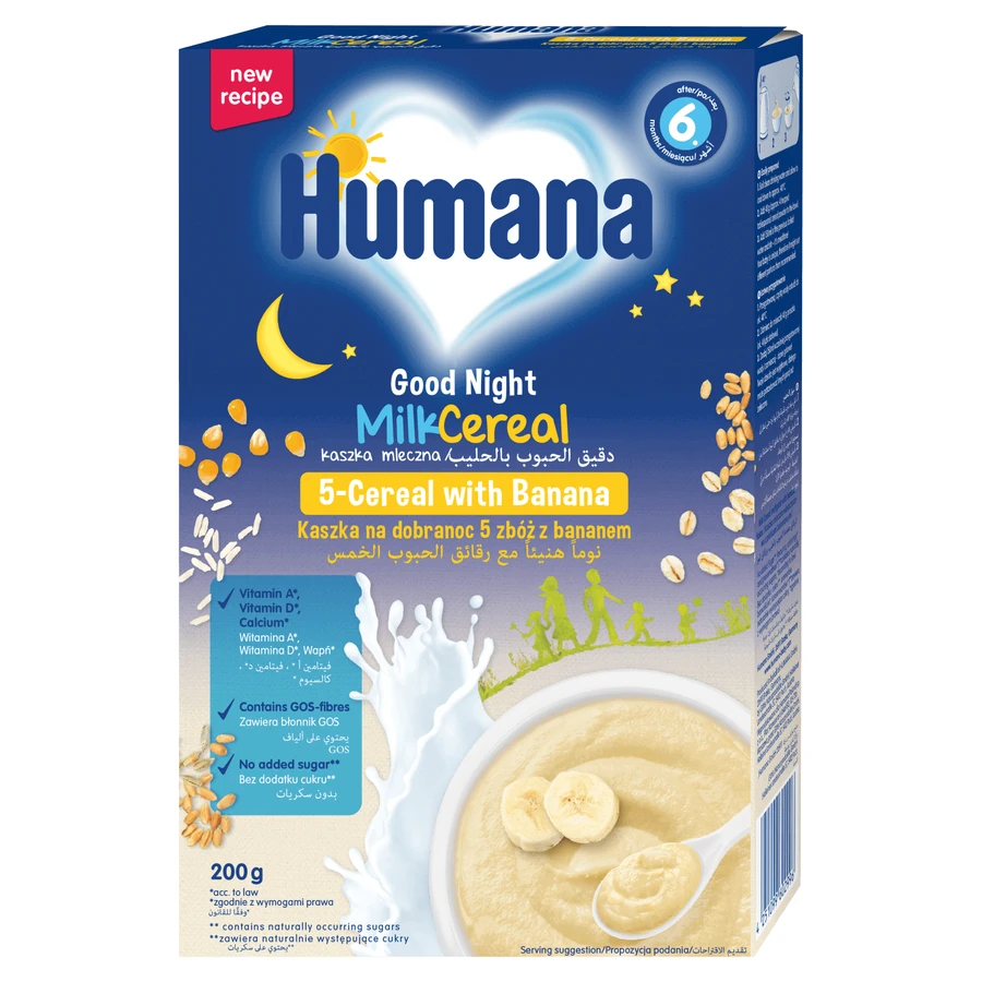 Humana Каша на ночь 5 злаков с бананом, молочная, без добавления сахара, после 6 месяцев, 200 г: цены и характеристики