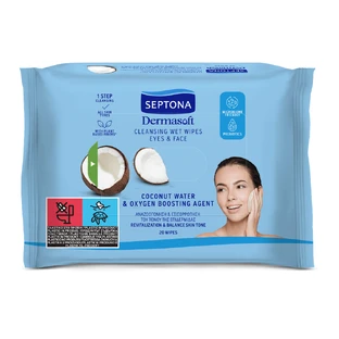 Очищувальні серветки Dermasoft з кокосовою водою та киснем, 20 шт, Septona