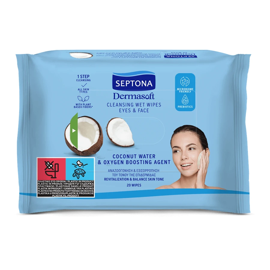 Очищувальні серветки Dermasoft з кокосовою водою та киснем, 20 шт, Septona: ціни та характеристики