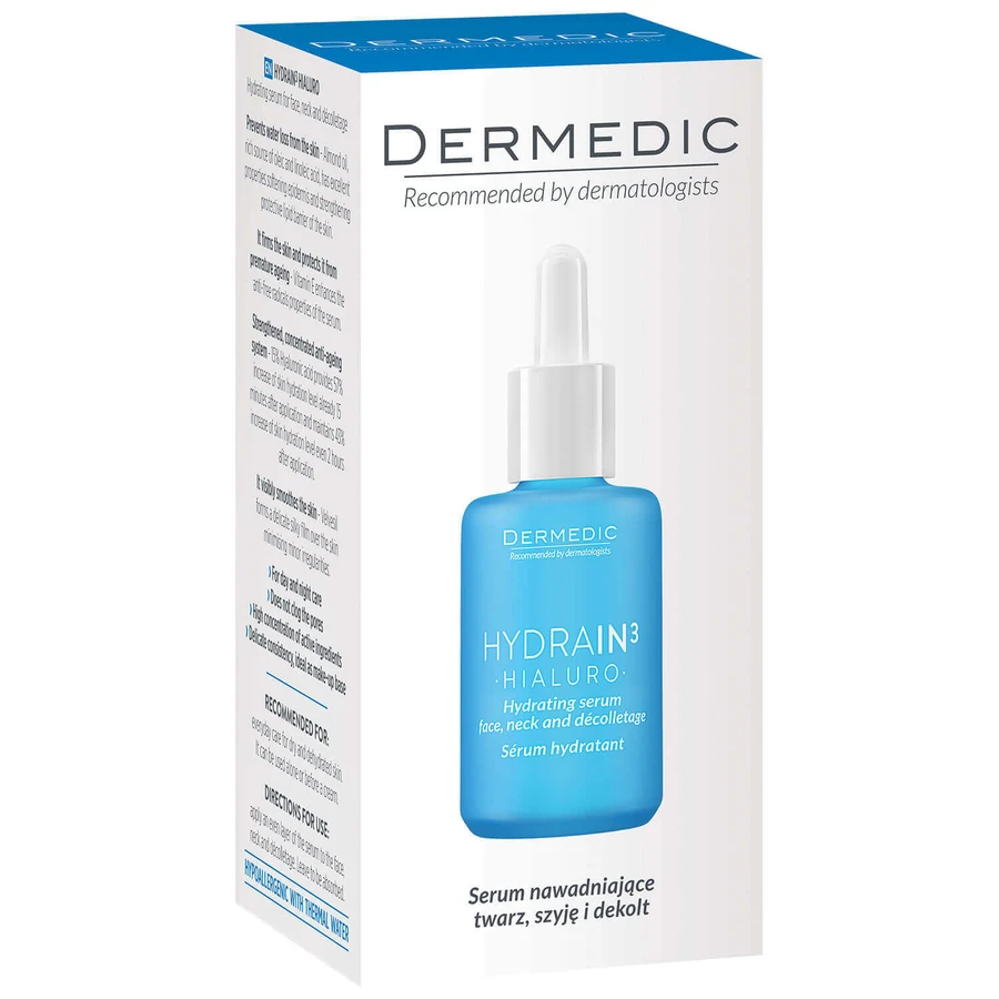 Dermedic Hydrain 3 Hialuro, зволожуюча сироватка для обличчя, шиї та декольте, зневодненої та сухої шкіри, 30 мл: ціни та характеристики