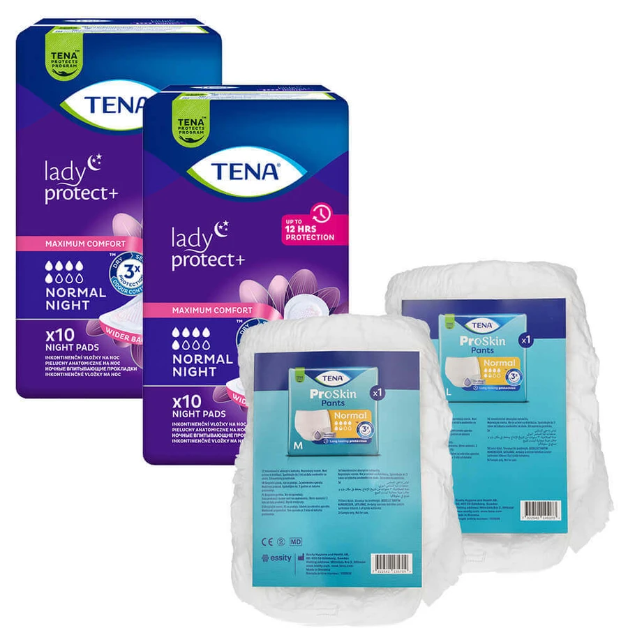 Набор Tena Lady, урологические гигиенические салфетки, Normal Night, 2 x 10 шт + ProSkin Pants Normal chonic трусики, размер M и L, 2 образца: цены и характеристики