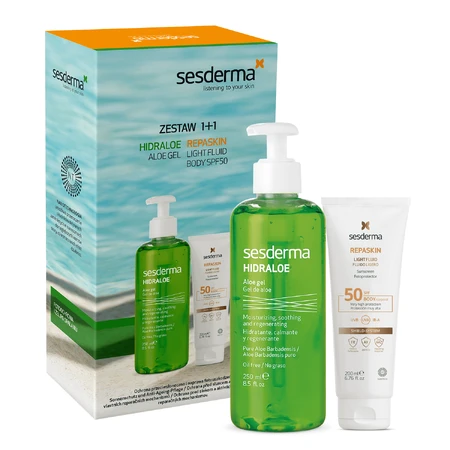 Набір Sesderma Repaskin Light Fluid, легкий сонцезахисний крем, SPF 50 200 мл + Hidraloe, лосьйон для тіла з алое вера, 250 мл: ціни та характеристики