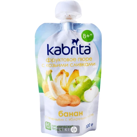 Фруктовое пюре с козьими сливками Kabrita Банан с печеньем и яблочным пюре с 8 месяцев 100 г: цены и характеристики