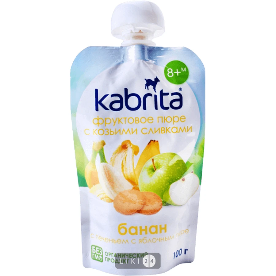 Фруктовое пюре с козьими сливками Kabrita Банан с печеньем и яблочным пюре с 8 месяцев 100 г: цены и характеристики