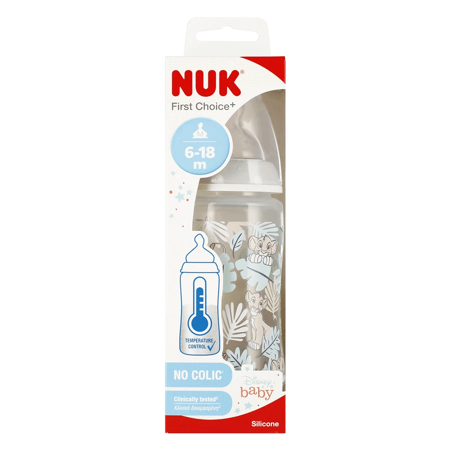 NUK First Choice+, пляшечка від кольок з температурним датчиком та силіконовою соскою, Disney Lion King, розмір M, 6-18 місяців, 300 мл: ціни та характеристики