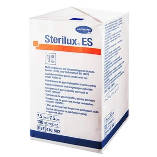 Sterilux ES, неіонні марлеві тампони, 13-ниткові, 8 шарів, 7,5 см х 7,5 см, 100 штук