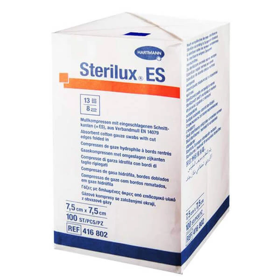 Sterilux ES, неіонні марлеві тампони, 13-ниткові, 8 шарів, 7,5 см х 7,5 см, 100 штук: ціни та характеристики