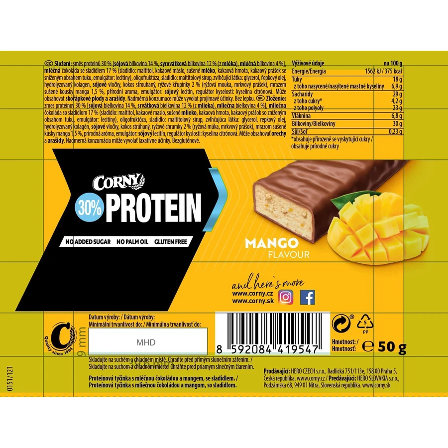 Протеиновый батончик Corny Protein 30% манго 50 г: цены и характеристики