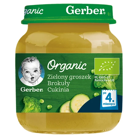 Gerber Вечеря органічна, зелений горошок, брокколі, кабачки, з 4 місяців, 125 г: ціни та характеристики