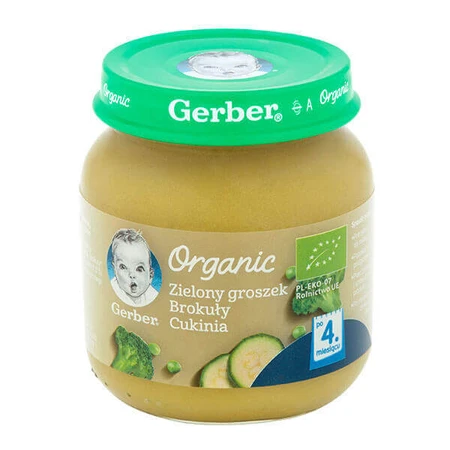 Gerber Вечеря органічна, зелений горошок, брокколі, кабачки, з 4 місяців, 125 г: ціни та характеристики