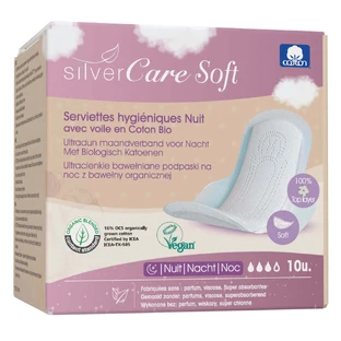Silver Care М'які, ультратонкі бавовняні гігієнічні серветки, з крильцями, на ніч, 10 шт.