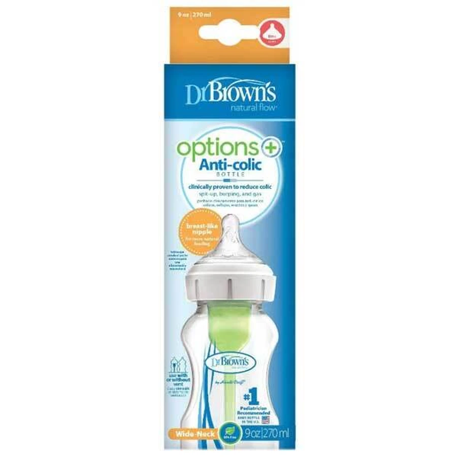 Dr Browns Options+, пляшечка проти кольок, широке горлечко, з соскою, 0-3 місяці, 270 мл: ціни та характеристики