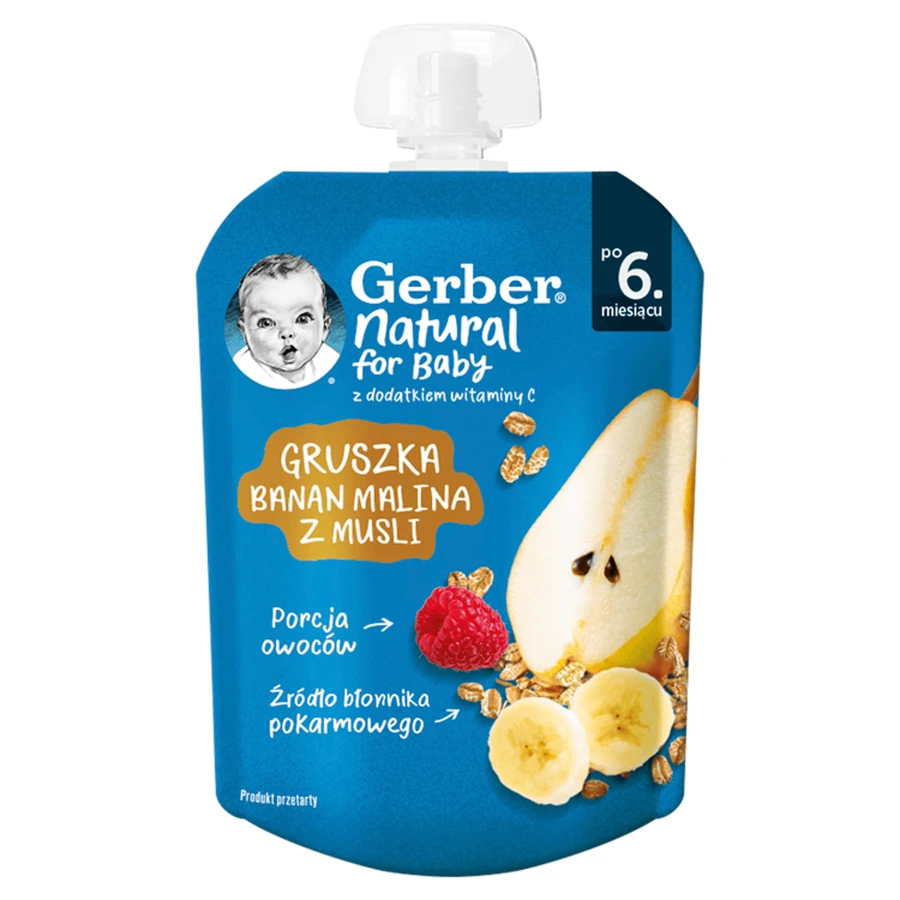 Фруктове пюре Gerber Груша, банан, малина, з мюслі, після 6 місяців, 80 г: ціни та характеристики