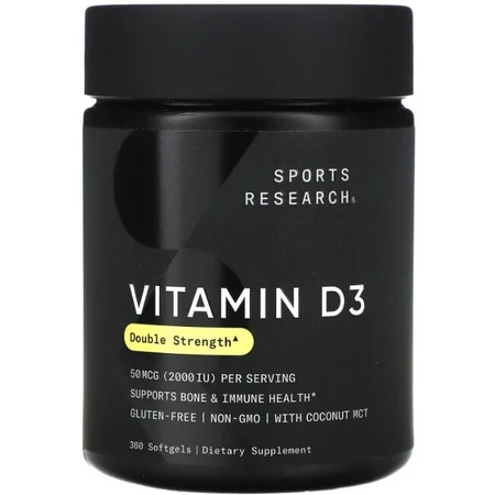 Витамин D3, Vitamin D3, Sports Research, двойная сила, 50 мкг (2000 МЕ), 360 гелевых капсул: цены и характеристики