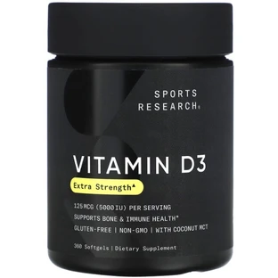 Витамин D3 с кокосовым маслом, Vitamin D3, Sports Research, 125 мкг (5000 МЕ), 360 гелевых капсул