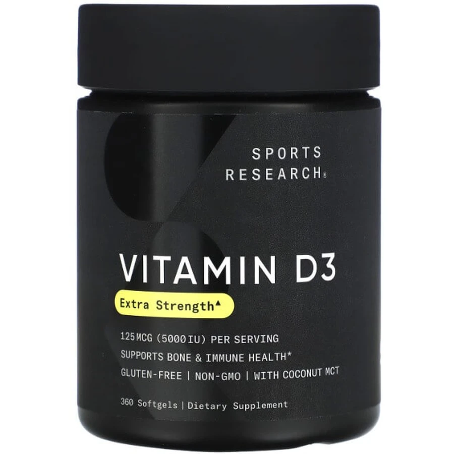 Витамин D3 с кокосовым маслом, Vitamin D3, Sports Research, 125 мкг (5000 МЕ), 360 гелевых капсул: цены и характеристики