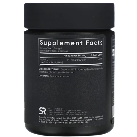 Витамин D3 с кокосовым маслом, Vitamin D3, Sports Research, 125 мкг (5000 МЕ), 360 гелевых капсул: цены и характеристики