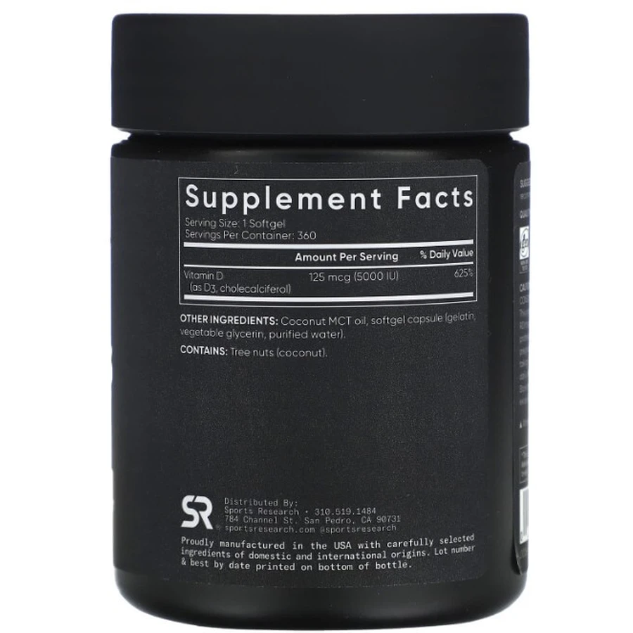 Витамин D3 с кокосовым маслом, Vitamin D3, Sports Research, 125 мкг (5000 МЕ), 360 гелевых капсул: цены и характеристики