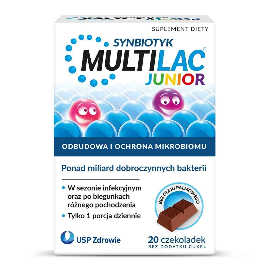 Multilac Junior Synbiotics, шоколадные конфеты, 20 штук ДЕФЕКТИРОВАННАЯ УПАКОВКА: цены и характеристики