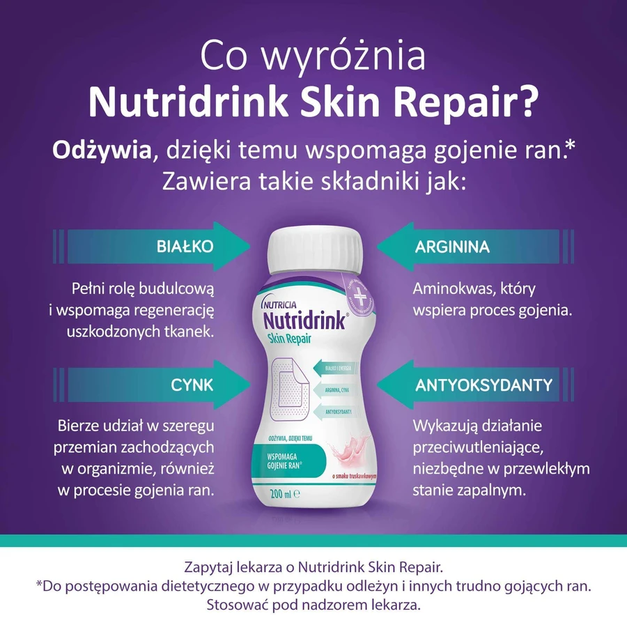 Харчовий продукт Nutridrink Skin Repair для спеціальних медичних цілей: ентеральне харчування зі смаком полуниці 4 х 200 мл: ціни та характеристики