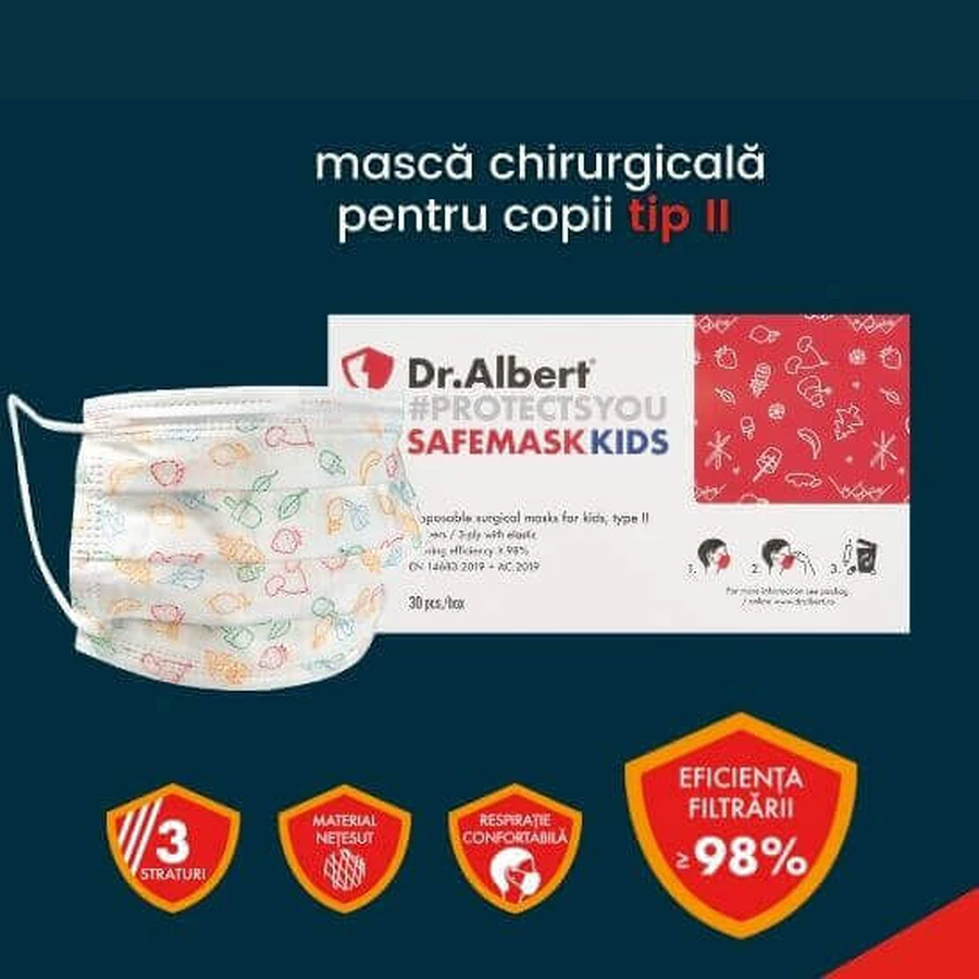 Одноразовая хирургическая маска для детей, 30 шт, Dr Albert: цены и характеристики