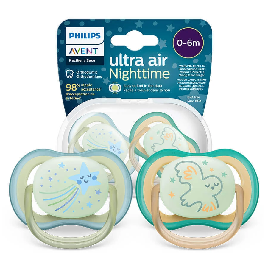 Avent Ultra Air Night, пустышка, силиконовая, симметричная, с темными цветами, мальчик, SCF376/18, 0-6 месяцев, 2 пустышки: цены и характеристики