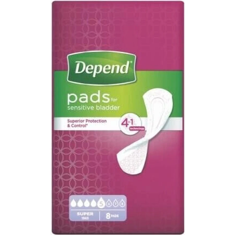 DEPEND SUPER 1×8 шт, прокладки для недержания 11×36 см: цены и характеристики