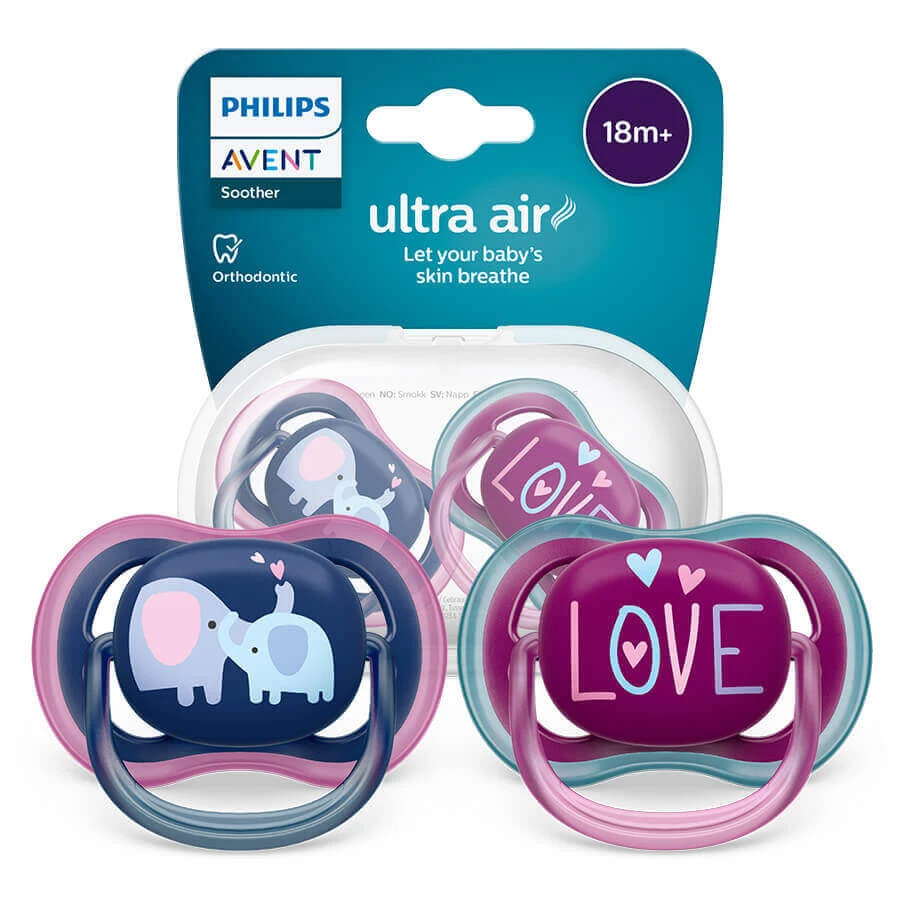 Пустушка Philips Avent Ultra Air girl SCF349/22,, силіконова, симетрична, для дівчинки, від 18 місяців, 2 шт.: ціни та характеристики