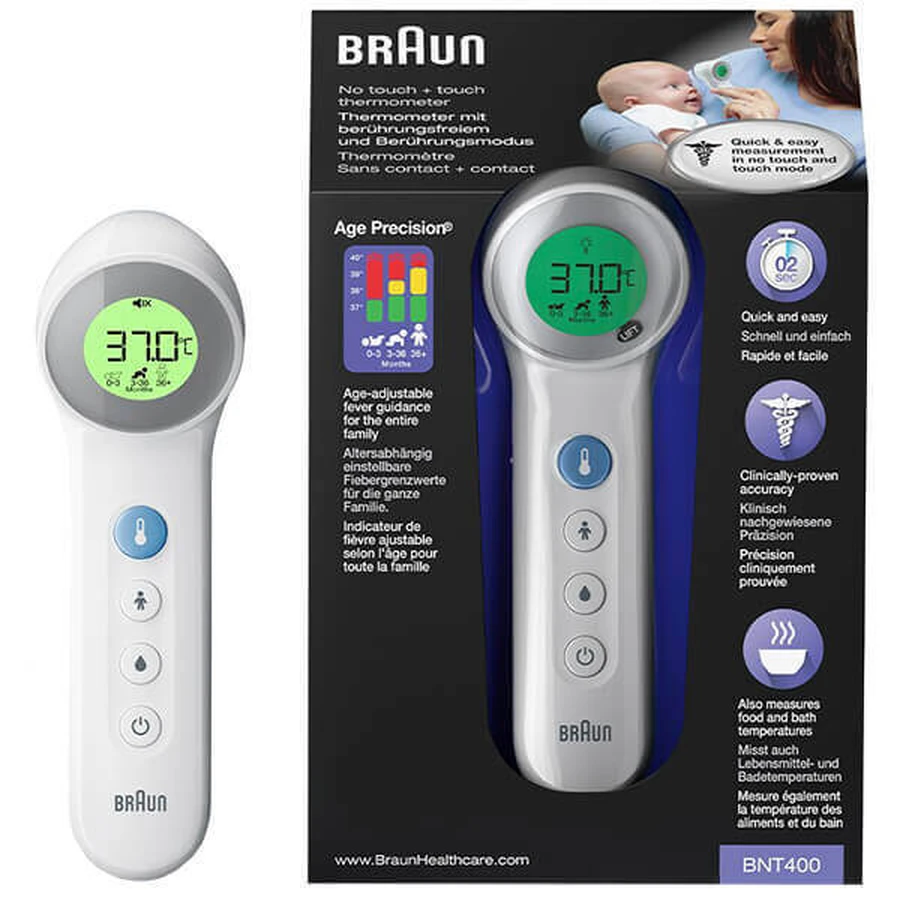 Braun BNT 400, бесконтактный термометр для лба 5 в 1 с точным определением возраста, белый: цены и характеристики