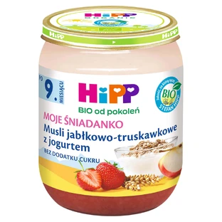 HiPP Moje niadanko Bio, яблучні та полуничні мюслі з йогуртом, після 9 місяців, 160 г