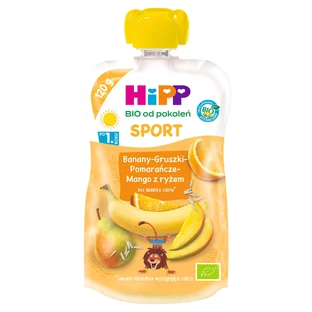 Фруктовый мусс HiPP Sport Bio, банан, груша, апельсин, манго с рисом, после 1 года, 120 г КОРОТКАЯ ДАТА