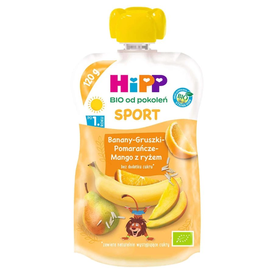 Фруктовый мусс HiPP Sport Bio, банан, груша, апельсин, манго с рисом, после 1 года, 120 г КОРОТКАЯ ДАТА: цены и характеристики