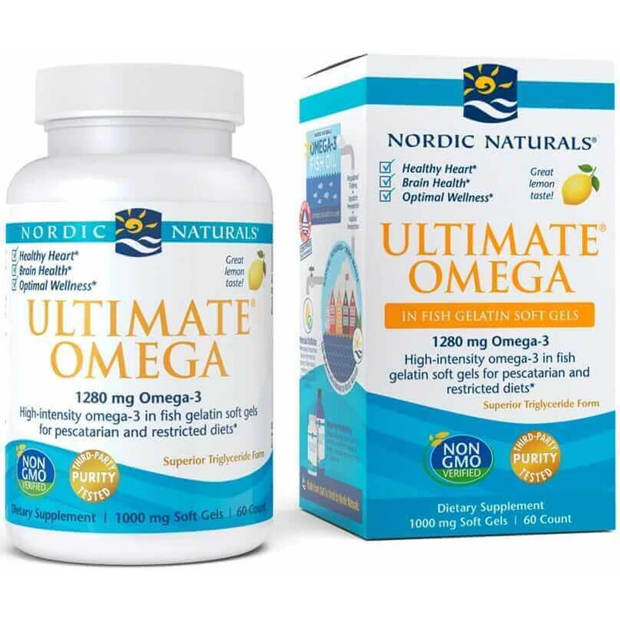 Ultimate Omega 3, 1280 мг, лимонный рыбий желатин 60 капсул Nordic Naturals: цены и характеристики