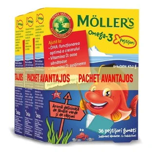 Жувальні цукерки Omega-3 Möller  зі смаком зеленого лимона та полуниці, 3 x 36 шт.