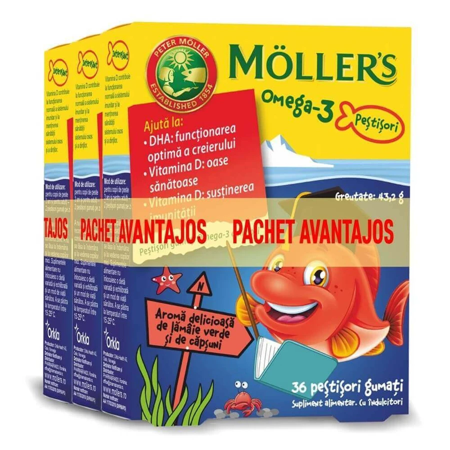 Жувальні цукерки Omega-3 Möller зі смаком зеленого лимона та полуниці, 3 x 36 шт.: ціни та характеристики