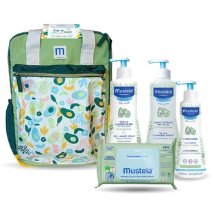 Mustela Layout Backpack, Очищувальний лосьйон, 500 мл + Очищувальна вода, 500 мл + Очищувальний лосьйон, 300 мл + Зволожувальні серветки, 60 предметів