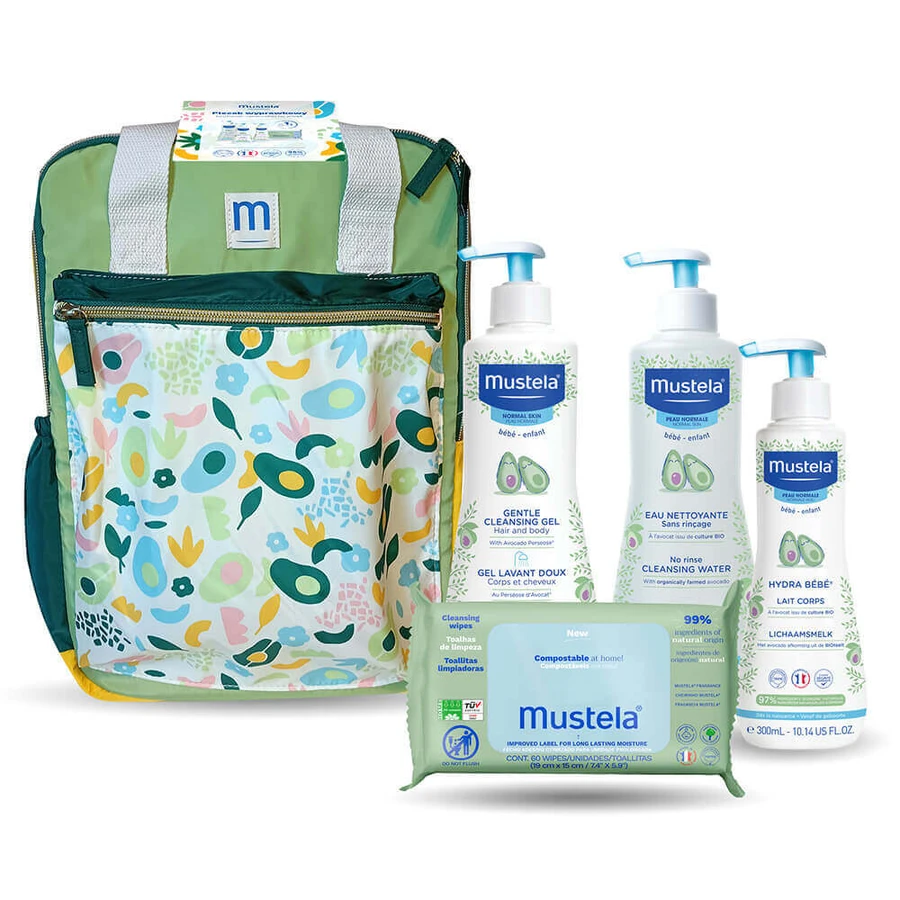 Mustela Layout Backpack, Очищувальний лосьйон, 500 мл + Очищувальна вода, 500 мл + Очищувальний лосьйон, 300 мл + Зволожувальні серветки, 60 предметів: ціни та характеристики
