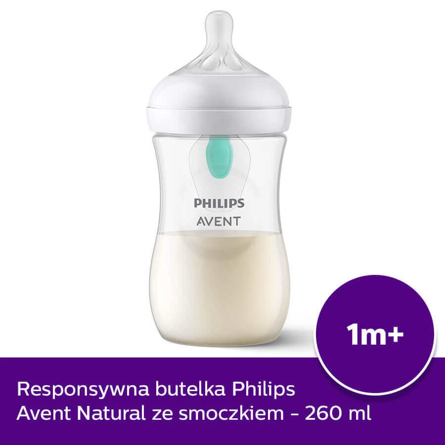 Avent Natural Response, пляшечка з чутливою соскою, з клапаном AirFree, інтенсивність потоку 3, SCY673/01, після 1 місяця, 260 мл ПОЛАМАНА УПАКОВКА: ціни та характеристики