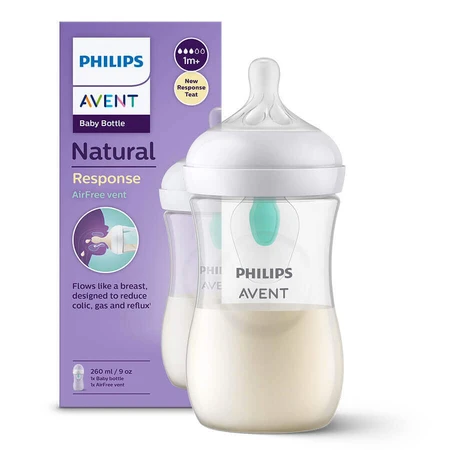Avent Natural Response, пляшечка з чутливою соскою, з клапаном AirFree, інтенсивність потоку 3, SCY673/01, після 1 місяця, 260 мл ПОЛАМАНА УПАКОВКА: ціни та характеристики