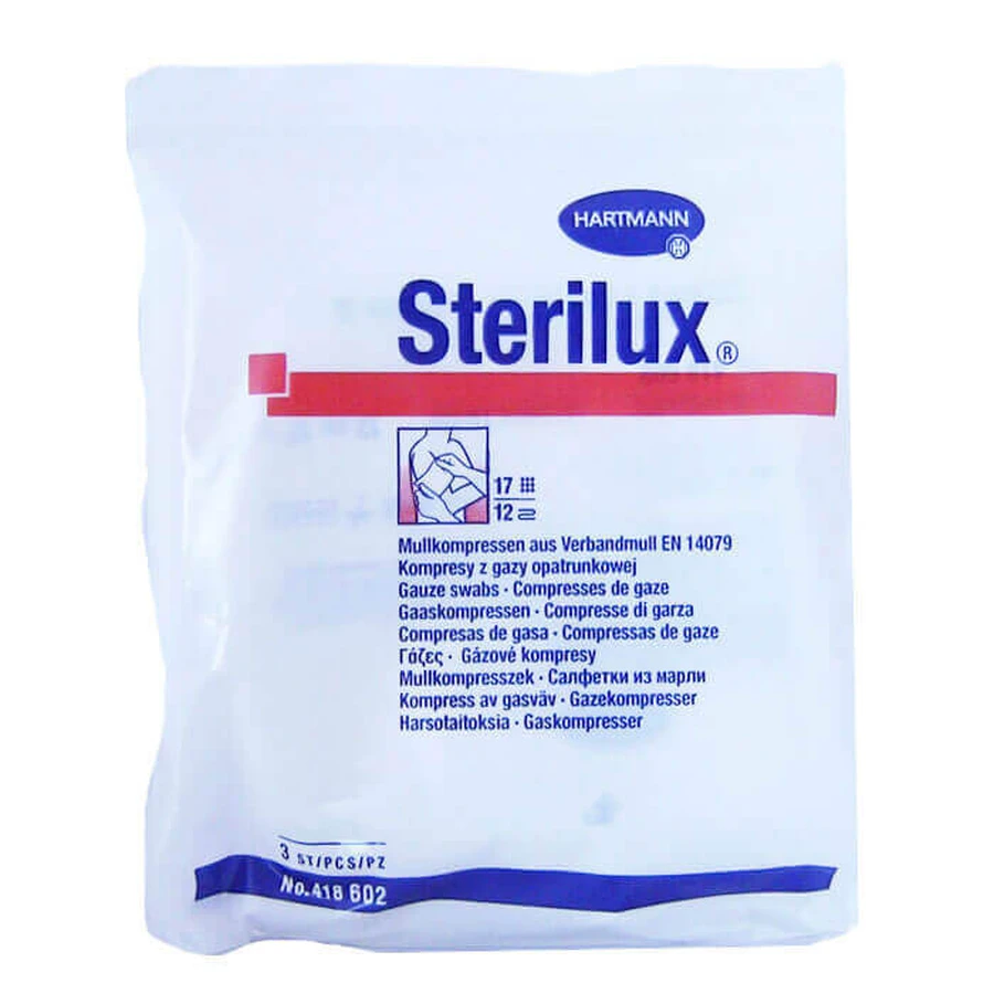 Sterilux, марлеві тампони, 17 ниток, 12 шарів, 7,5 см х 7,5 см, 3 шт.: ціни та характеристики