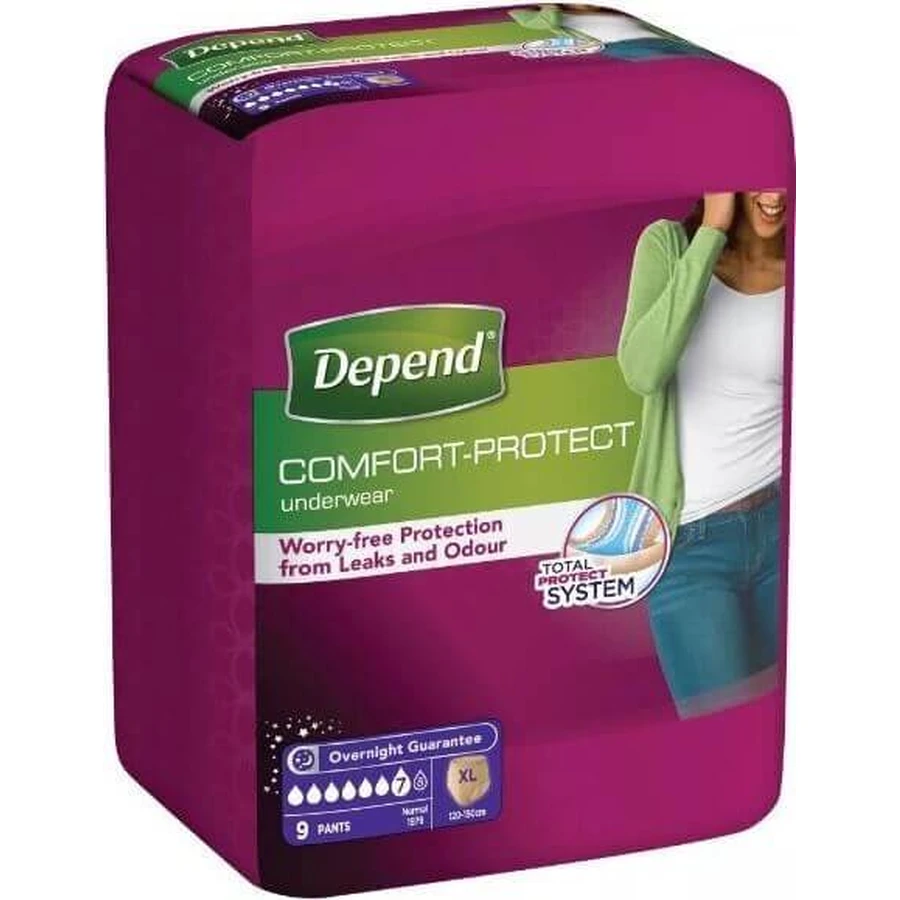 DEPEND SUPER XL для жінок 1×9 шт, еластичні трусики, обхват стегон 120-150 см: ціни та характеристики