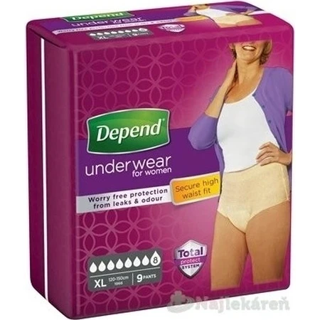 DEPEND SUPER XL для жінок 1×9 шт, еластичні трусики, обхват стегон 120-150 см: ціни та характеристики