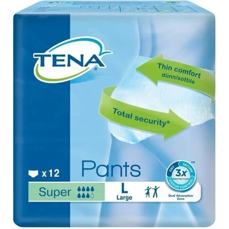 TENA PANTS SUPER LARGE 1×12 шт, еластичні поглинаючі трусики, поглинання 2010 мл, обхват стегон 100-135 см: ціни та характеристики