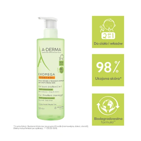 A-Derma Exomega Control 2в1, пом'якшувальний засіб для миття тіла, обличчя, волосся, від народження, 500 мл: ціни та характеристики