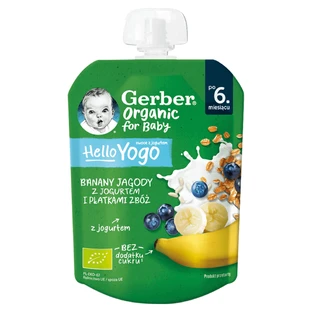 Gerber Organic десерт в трубочке, банан, черника с йогуртом и зерновыми лепешками, после 6 месяцев, 80 г