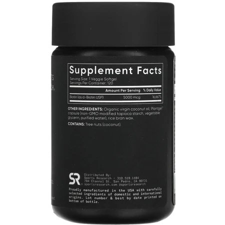 Біотин Biotin 5000 мкг, Sports Research, 120 вегетаріанських капсул: ціни та характеристики