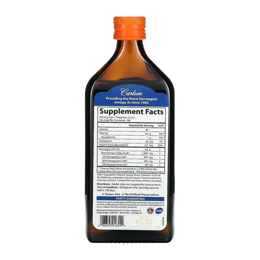  Норвежский рыбий жир, вкус апельсина, 1600 мг, Norwegian Finest Fish Oil, Carlson, 500 мл: цены и характеристики