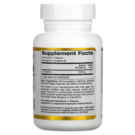 L-теанин, L-Theanine Supports Relaxation 200 мг, California Gold Nutrition, 60 капсул: цены и характеристики