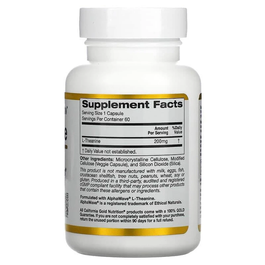 L-теанин, L-Theanine Supports Relaxation 200 мг, California Gold Nutrition, 60 капсул: цены и характеристики