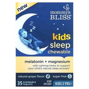 Мелатонін + магній для сну, Kids Sleep Chewable, Mommy's Bliss, для дітей від 3-х років, смак винограду, 35 жувальних таблеток